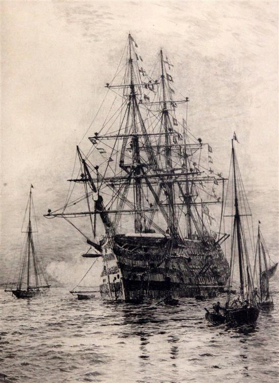 William Lionel Wyllie (1851-1931) HMS Victory firing a salute 12 x 8.5in.
